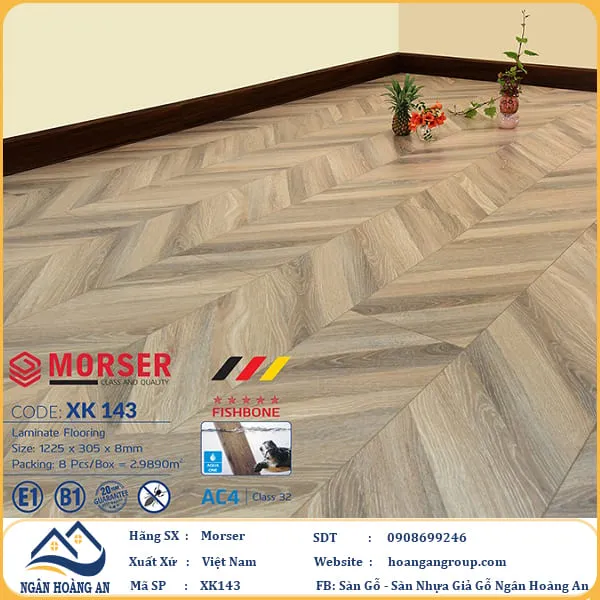 Sàn Gỗ Công Nghiệp Morser Vân Xương Cá 3D Cốt Xanh 8mm XK 143